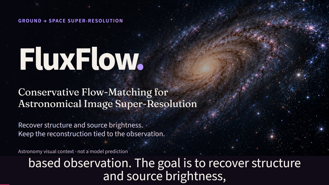 Still from the FluxFlow introduction film showing its title and astronomical image reconstruction task